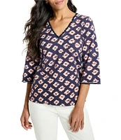 NIC + ZOE Geo Garden V-Neck Elbow Sleeve Fringe Tee