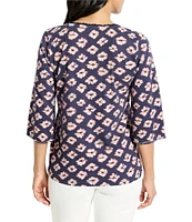 NIC + ZOE Geo Garden V-Neck Elbow Sleeve Fringe Tee