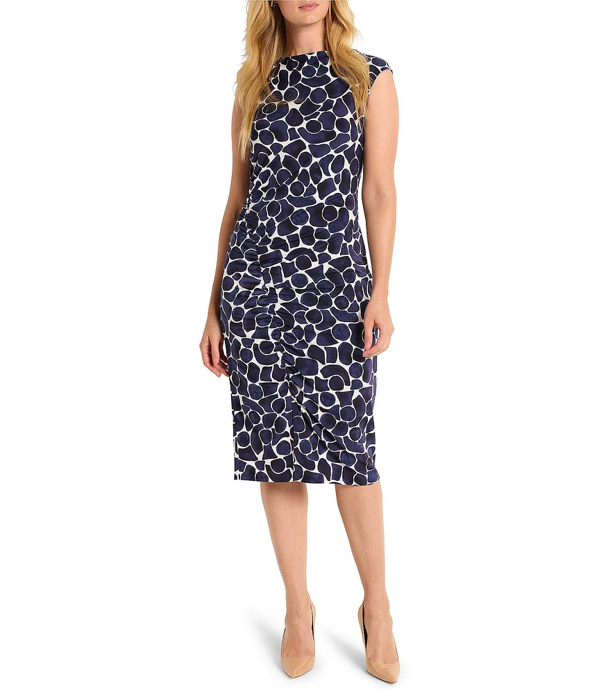 NIC + ZOE Geo Pebble Knit Boat Neck Sleeveless Side Ruche Dress