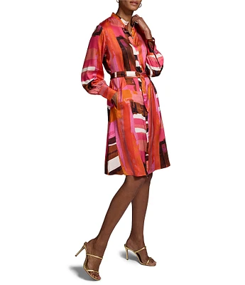 NIC + ZOE Glossy Artful Blocks Stand Collar Long Sleeve Tie Waist Dress