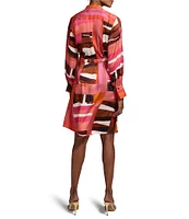 NIC + ZOE Glossy Artful Blocks Stand Collar Long Sleeve Tie Waist Dress