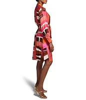NIC + ZOE Glossy Artful Blocks Stand Collar Long Sleeve Tie Waist Dress