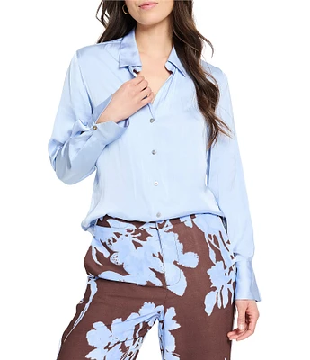 NIC + ZOE Glossy Crinkle Collar Neck Long Sleeve Button Front Shirt