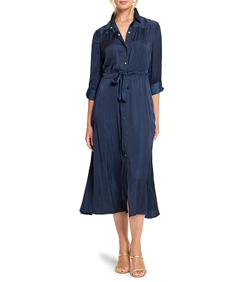 NIC + ZOE Glossy Crinkle Julie Point Collar Long Roll Tab Sleeve Midi Dress