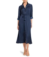 NIC + ZOE Glossy Crinkle Julie Point Collar Long Roll Tab Sleeve Midi Dress