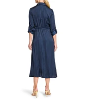 NIC + ZOE Glossy Crinkle Julie Point Collar Long Roll Tab Sleeve Midi Dress