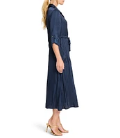 NIC + ZOE Glossy Crinkle Julie Point Collar Long Roll Tab Sleeve Midi Dress