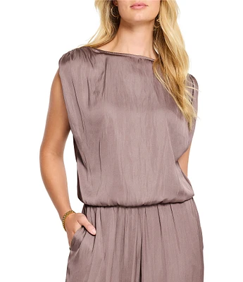 NIC + ZOE Glossy Sheen Boat Neck Ruched Shoulder Coordinating Sleeveless Top