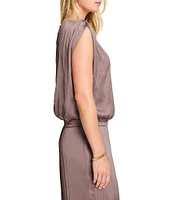 NIC + ZOE Glossy Sheen Boat Neck Ruched Shoulder Coordinating Sleeveless Top
