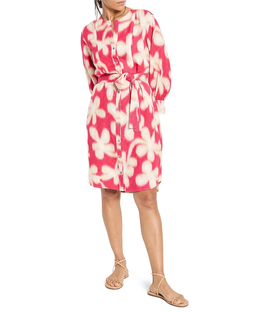 NIC + ZOE Glowing Flower Print Linen Blend Round Neck Long Sleeve Shirt Dress