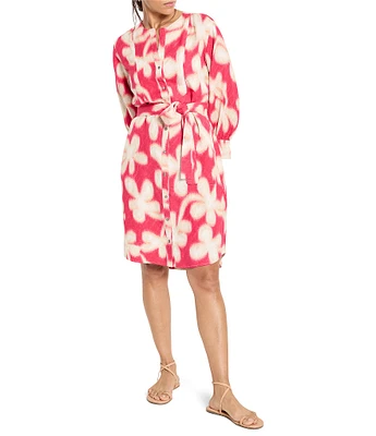 NIC + ZOE Glowing Flower Print Linen Blend Round Neck Long Sleeve Shirt Dress