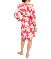 NIC + ZOE Glowing Flower Print Linen Blend Round Neck Long Sleeve Shirt Dress