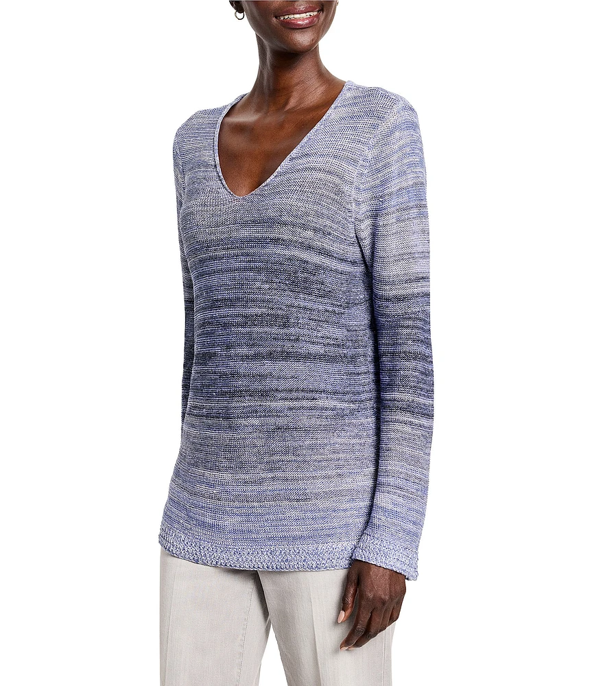 NIC + ZOE Hazy Shades Knit V-Neck Long Sleeve Crochet Detail Sweater