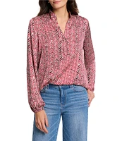 NIC + ZOE Herringbone Stand Collar Split V-Neck Long Sleeve Top