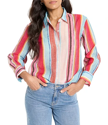 NIC + ZOE Horizon Breeze Stripe Print Point Collar Bracelet Sleeve Button Front Shirt