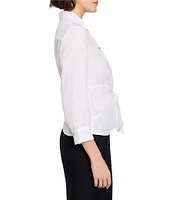 NIC + ZOE Iconic Woven Point Collar V-Neck 3/4 Sleeve Tie Front Shirt