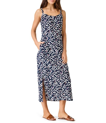 NIC + ZOE Indigo Angles Printed Knit Scoop Neck Sleeveless Pocketed Midi A-Line Dress