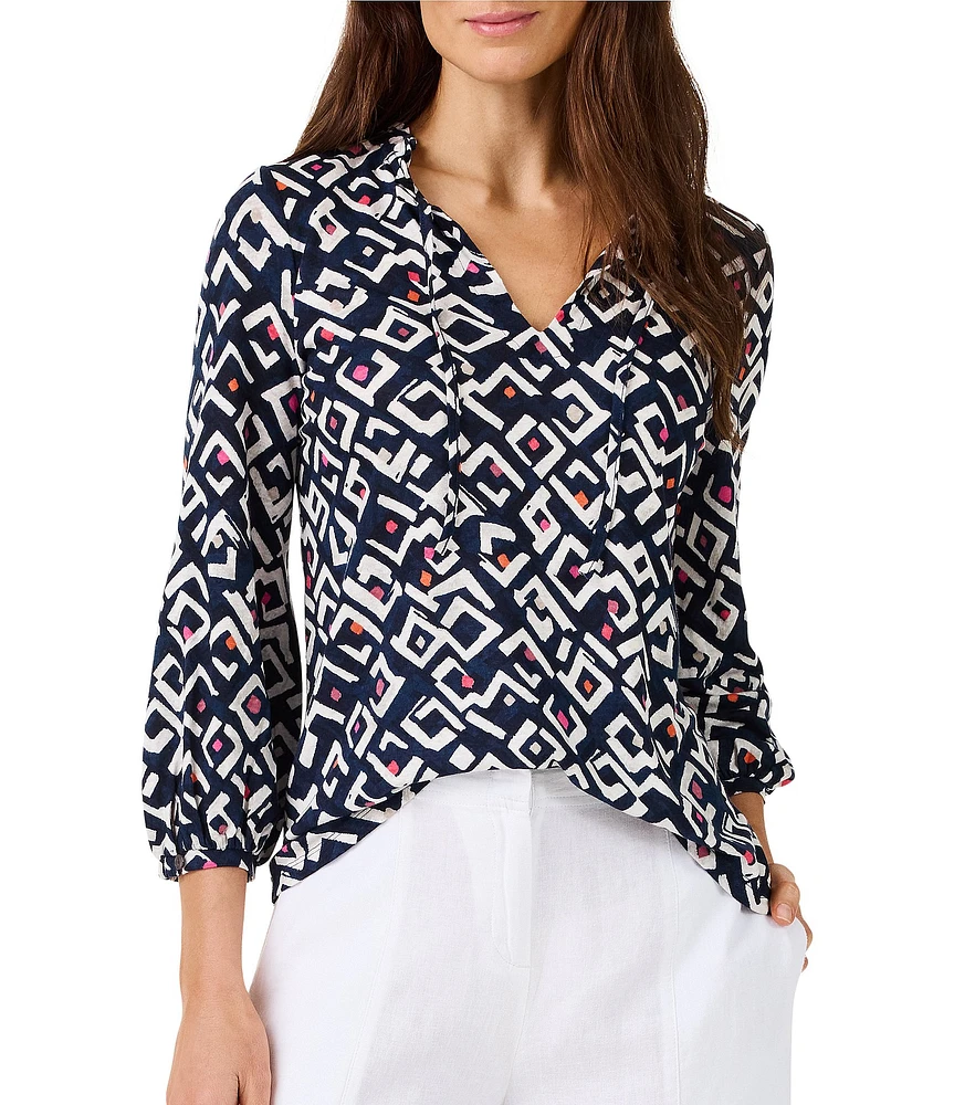 NIC + ZOE Indigo Angles Printed Knit Split V-Neck Bracelet Sleeve Top