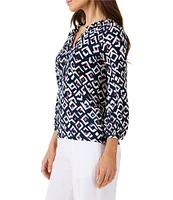 NIC + ZOE Indigo Angles Printed Knit Split V-Neck Bracelet Sleeve Top