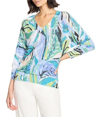 NIC + ZOE Island Beat Print V-Neck Bracelet Sleeve Sweater