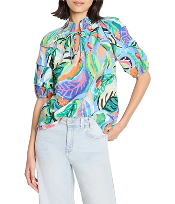 NIC + ZOE Island Tropical Beat Smocked Neck Pleated Short Puff Sleeve Top