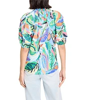 NIC + ZOE Island Tropical Beat Smocked Neck Pleated Short Puff Sleeve Top