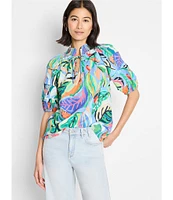 NIC + ZOE Island Tropical Beat Smocked Neck Pleated Short Puff Sleeve Top