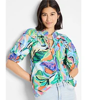 NIC + ZOE Island Tropical Beat Smocked Neck Pleated Short Puff Sleeve Top