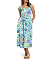 NIC + ZOE Island Tropical Beat Sophie Square Neck Sleeveless Fit-And-Flare Midi Dress