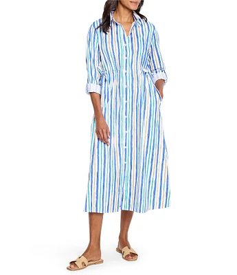 NIC + ZOE Jamie Oasis Stripe Print Point Collar Long Sleeve Shirt Dress