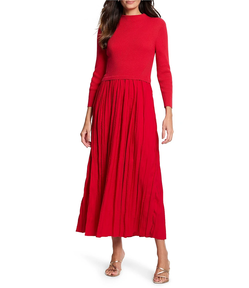 NIC + ZOE Kira Sweater Knit Funnel Neck Crinkle Woven Maxi Dress