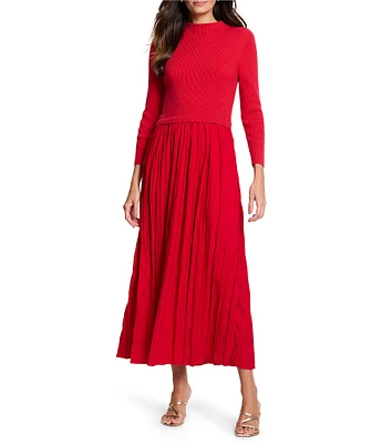 NIC + ZOE Kira Sweater Knit Funnel Neck Crinkle Woven Maxi Dress