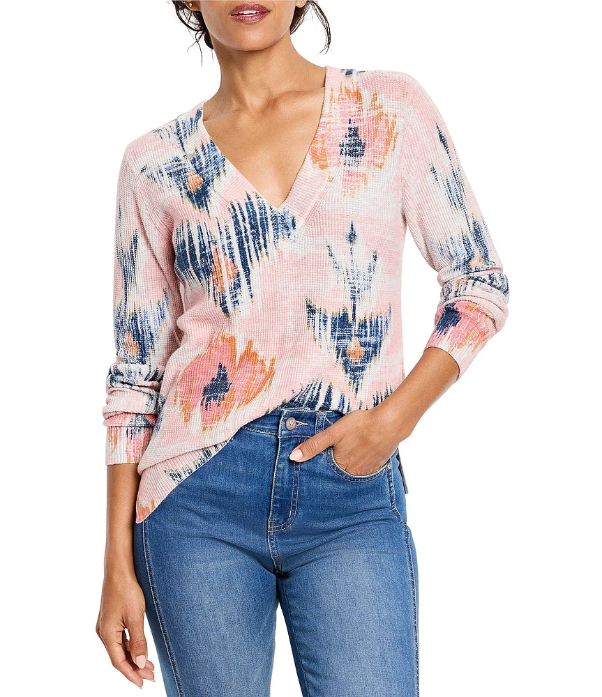 NIC + ZOE Knit Abstract Floral Print V-Neck Long Sleeve Sweater