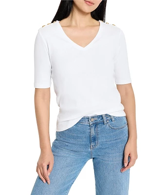 NIC + ZOE Knit V-Neck Elbow Sleeve Button Shoulder Top