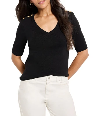 NIC + ZOE Knit V-Neck Elbow Sleeve Button Shoulder Top