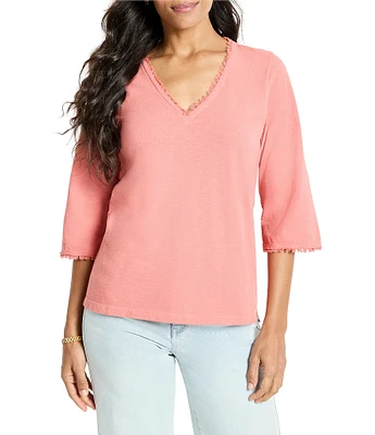 NIC + ZOE Knit V-Neck Elbow Sleeve Fringe Trim Tee