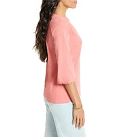 NIC + ZOE Knit V-Neck Elbow Sleeve Fringe Trim Tee