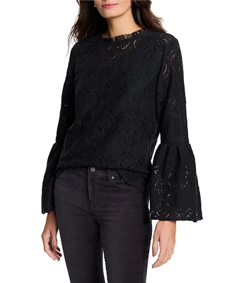 NIC + ZOE Lace Ruffle Round Neck Long Flounce Sleeve Top