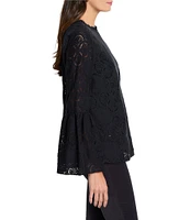 NIC + ZOE Lace Ruffle Round Neck Long Flounce Sleeve Top