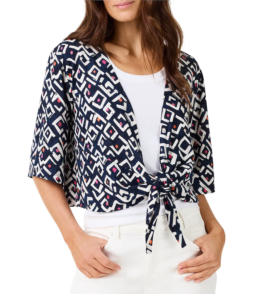 NIC + ZOE Lightweight 4-Way Linen Blend Indigo Angles Print Open Front 3/4 Sleeve Cardigan