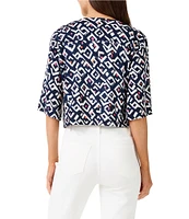 NIC + ZOE Lightweight 4-Way Linen Blend Indigo Angles Print Open Front 3/4 Sleeve Cardigan