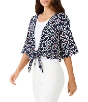 NIC + ZOE Lightweight 4-Way Linen Blend Indigo Angles Print Open Front 3/4 Sleeve Cardigan