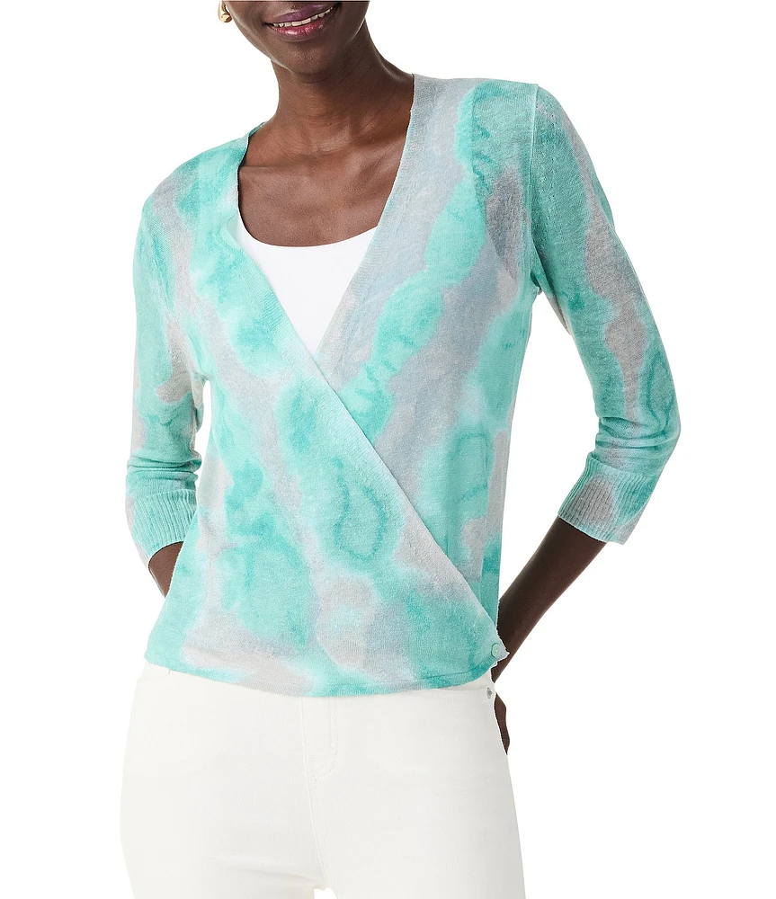 NIC + ZOE Lightweight 4-Way Linen Blend Watercolor Waves Print Open Front 3/4 Sleeve Cardigan