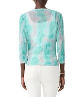 NIC + ZOE Lightweight 4-Way Linen Blend Watercolor Waves Print Open Front 3/4 Sleeve Cardigan