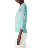 NIC + ZOE Lightweight 4-Way Linen Blend Watercolor Waves Print Open Front 3/4 Sleeve Cardigan