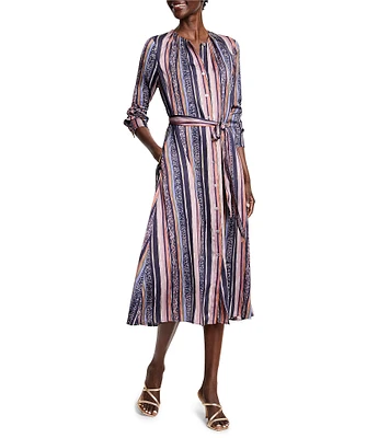 NIC + ZOE Loren Animal Stripe Print Round Neck Long Sleeve Shirt Dress