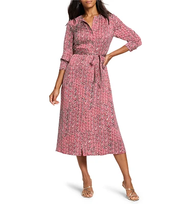 NIC + ZOE Loren Woven Pottery Crepe Herringbone Stamp Round Neck Long Sleeve Shirt Dress