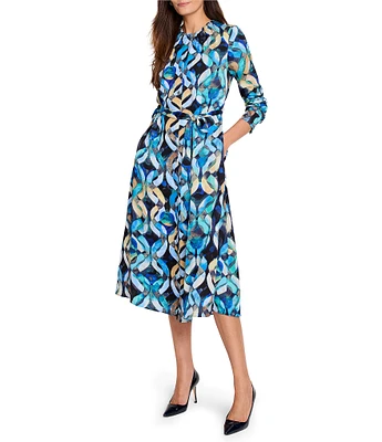 NIC + ZOE Loren Woven Wave Links Pleated Round Neck Long Sleeve Button Front Midi Dress