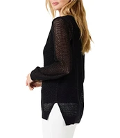 NIC + ZOE Mesh Stitch Metallic V-Neck Long Sleeve High-Low Hem Side Slit Sweater