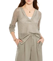 NIC + ZOE Mesh Stitch Metallic V-Neck Long Sleeve High-Low Hem Side Slit Sweater